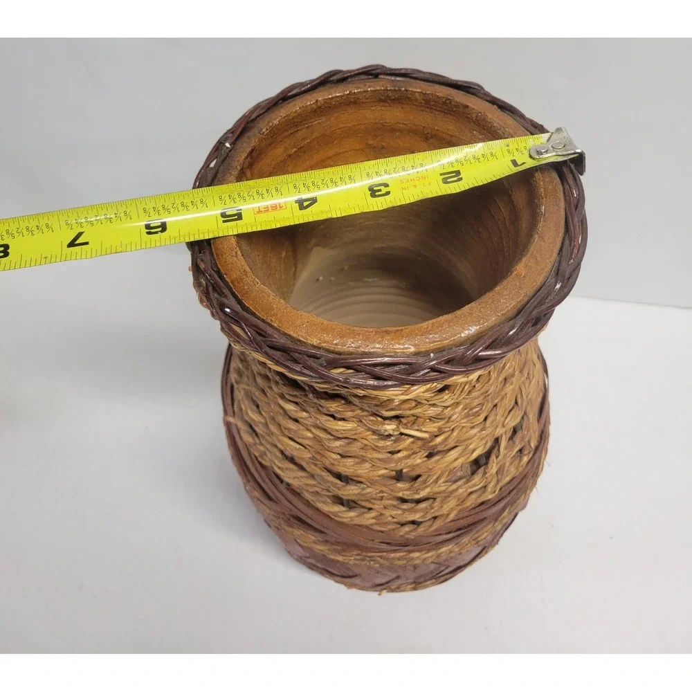 Rustic Woven Seagrass and Bamboo Wrapped Clay pottery. Vase Decorative‎ Urn